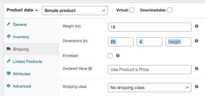 change the product shipping dimensions
